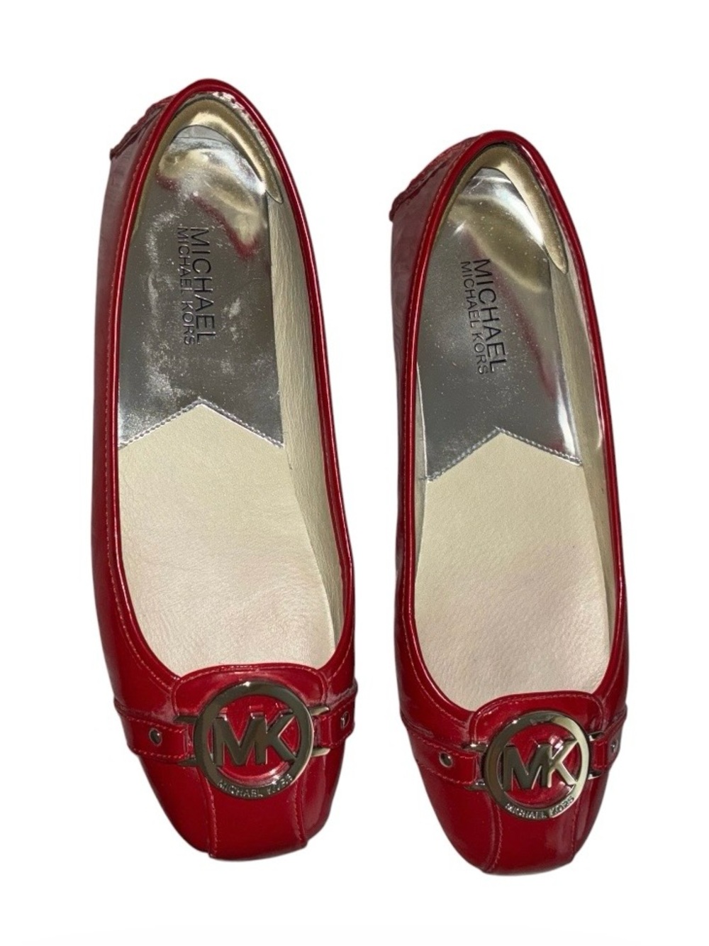 MICHAEL KORS Fulton Red‎ Patent Leather Moc Ballet Flats MK Silver Logo Sz 7.5